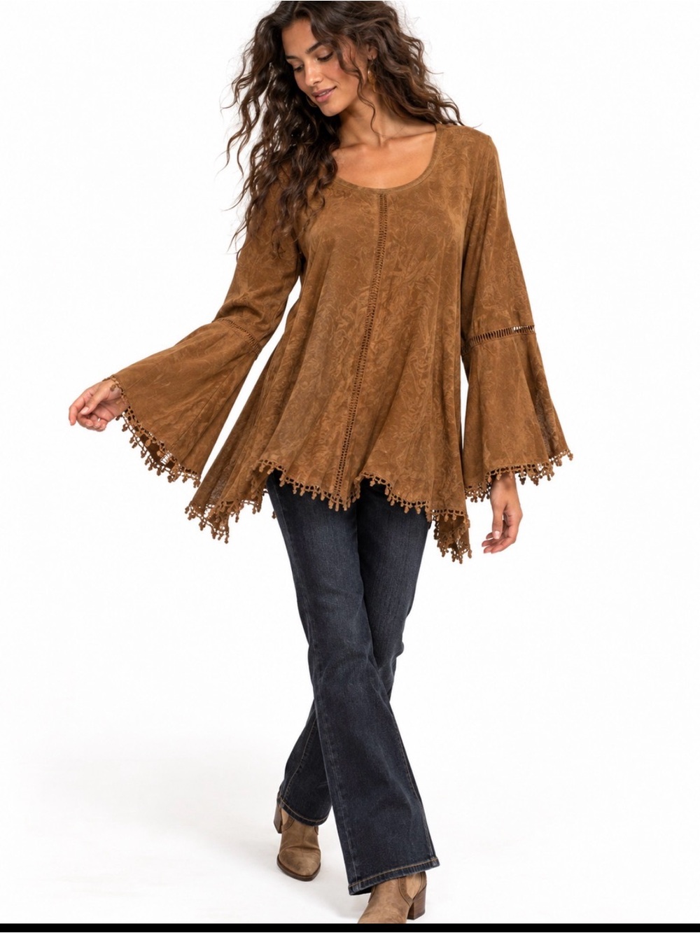 Style & Co Faux Suede Boho Fringe Bell Sleeve Tobacco Brown Tunic Top L NWT